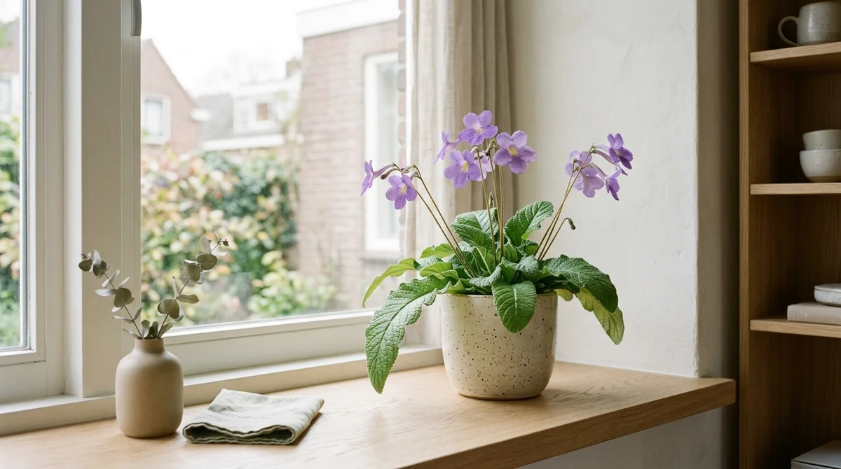 Bloeiende Streptocarpus (Kaapse primula) met paarse trompetbloemen boven een rozet van gerimpelde groene bladeren in een cremekleurige pot