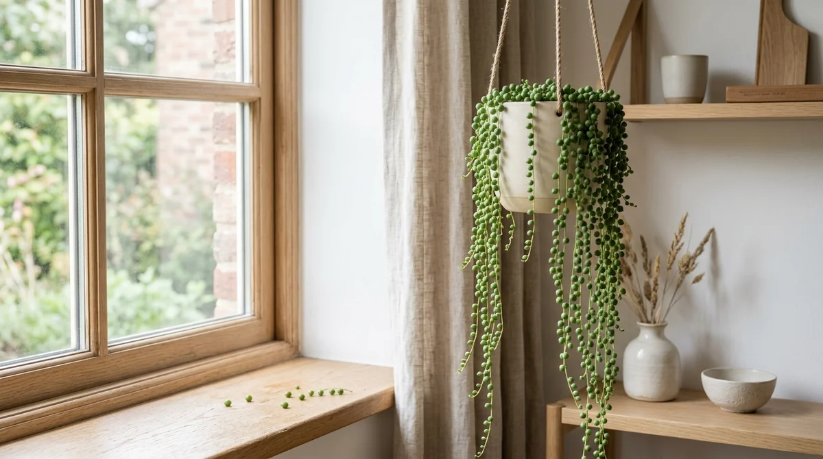 String of pearls (Senecio rowleyanus) met snoeren van ronde groene pareltjes hangend uit een cremekleurige pot