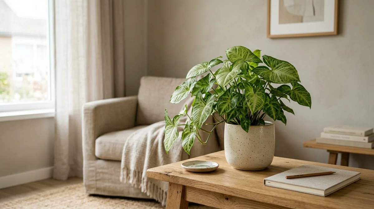 Syngonium podophyllum met pijlvormige groen-witte bladeren in een cremekleurige pot op een lichte tafel
