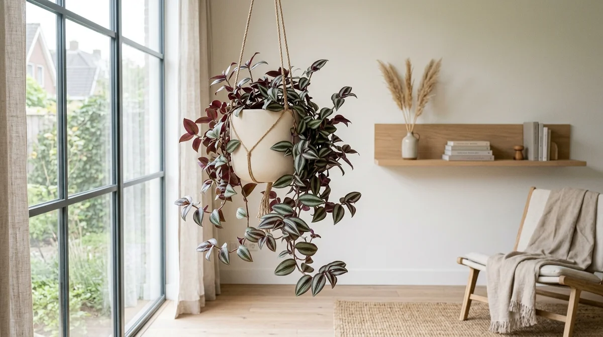 Tradescantia zebrina als hangplant met paars-groen gestreepte bladeren, hoog opgehangen buiten kattenbereik