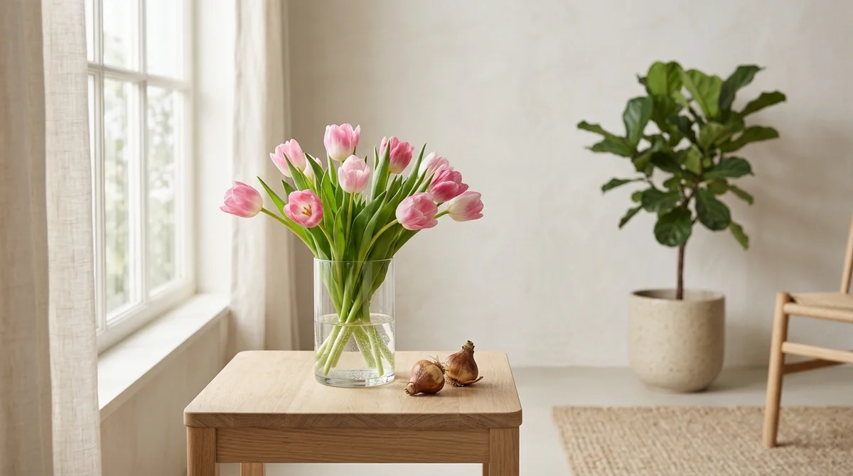 Rode tulpen in een vaas op tafel, illustratie bij gids over tulp giftigheid voor katten