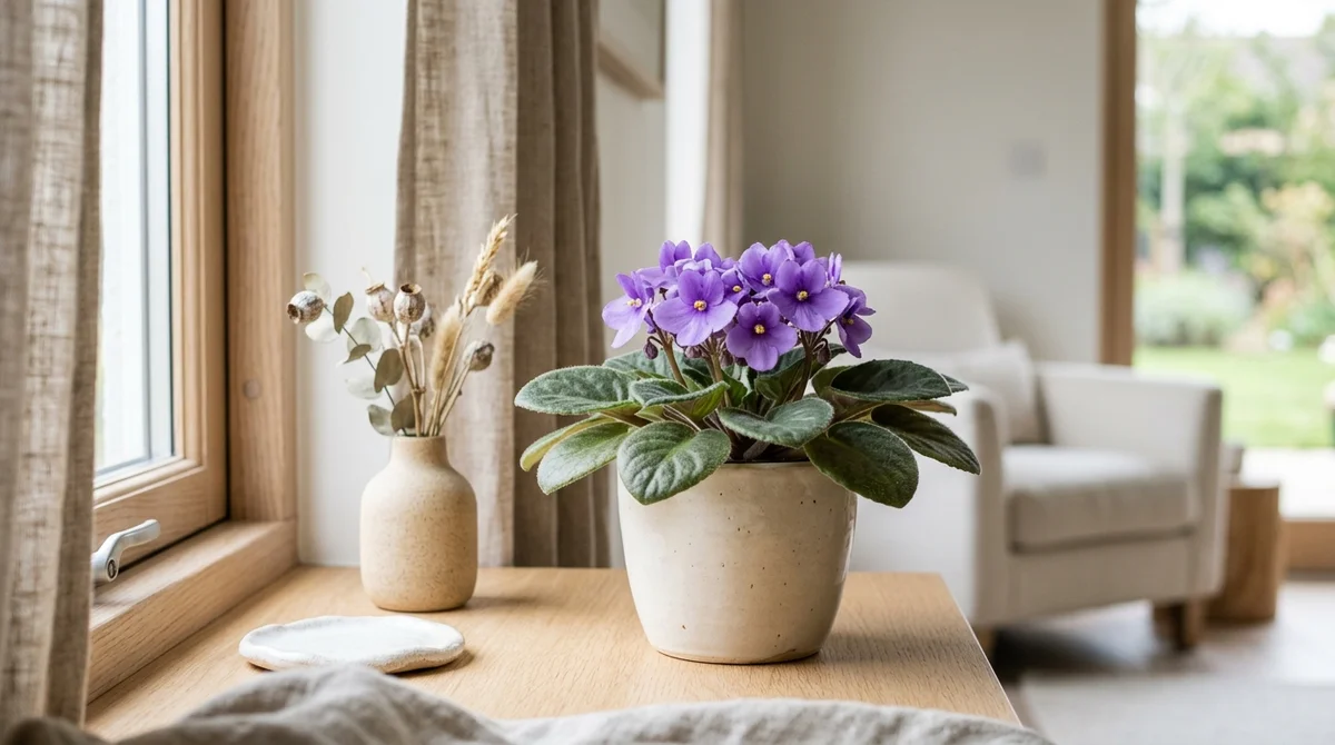 Kaaps viooltje (Saintpaulia ionantha) met paarse bloemen en zacht behaarde groene bladeren op een lichte vensterbank, veilig in huis met een kat