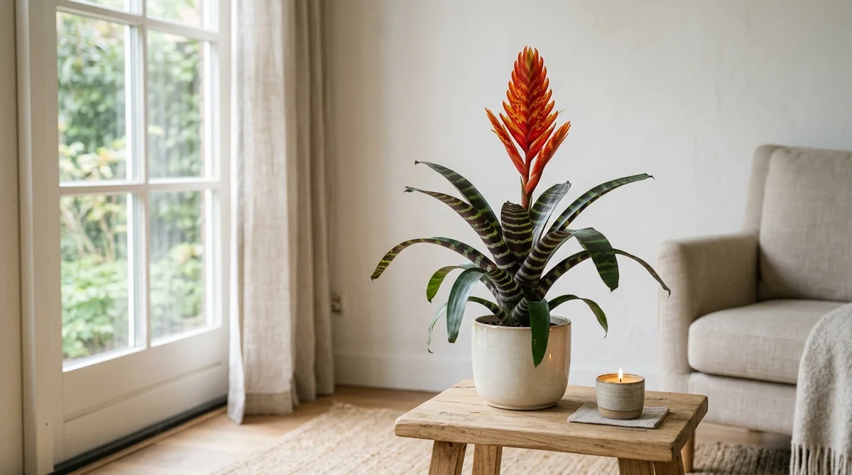 Vriesea splendens met vlammend gestreepte rood-oranje bloeischeut naast een rustige kat op een houten tafel