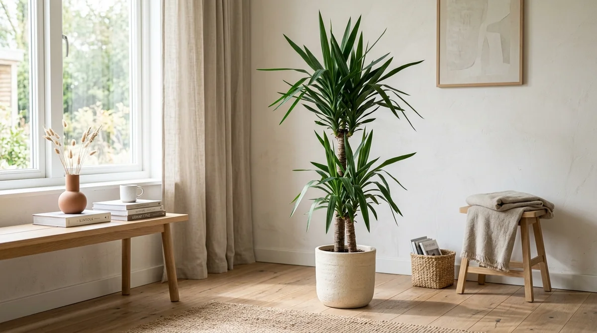 Yucca elephantipes met dolkvormige bladeren op een dikke stam in een lichte woonkamer, op een plek buiten bereik van een kat.