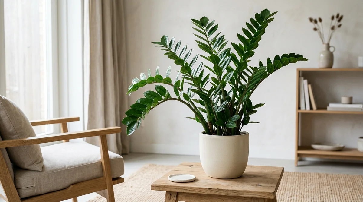 Volgroeide Zamioculcas zamiifolia met glimmende donkergroene blaadjes in lichte woonkamer, kat op afstand