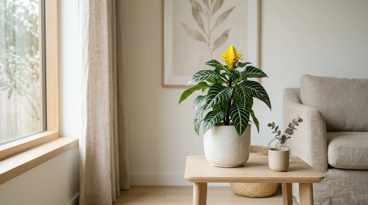 Zebraplant (Aphelandra squarrosa) met donkergroene bladeren met witte nerven en een gele bloempluim in een cremekleurige pot