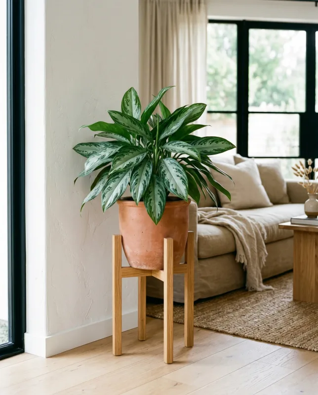 Aglaonema (Chinese Evergreen) met lance-vormige bladeren in groen met zilveren marmering