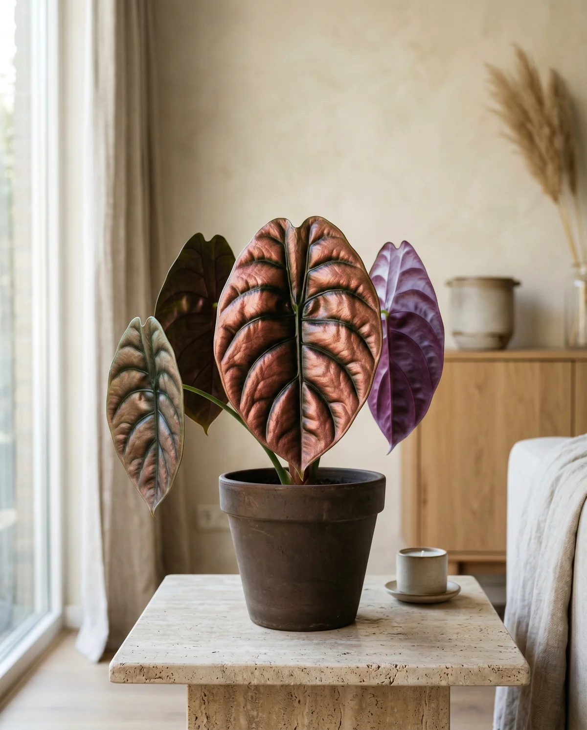 Alocasia Cuprea Red Secret met metalliek-koperen hartvormige bladeren