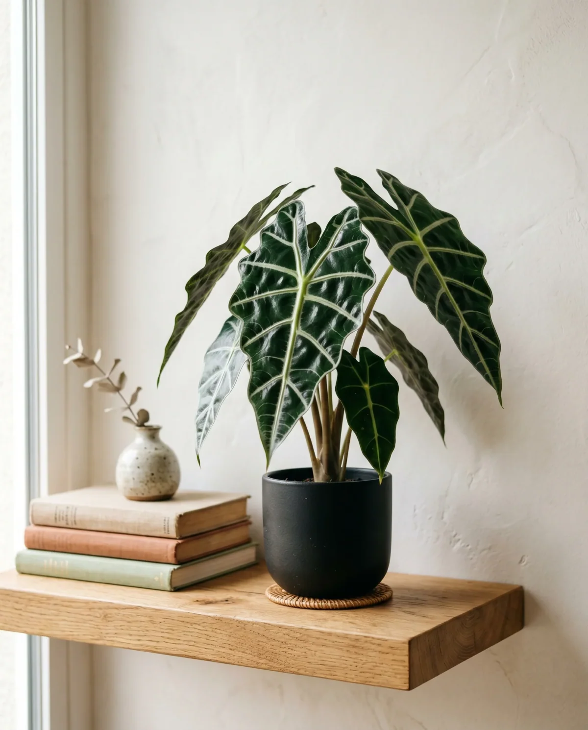 Alocasia Polly met donkergroen blad en witte nerven