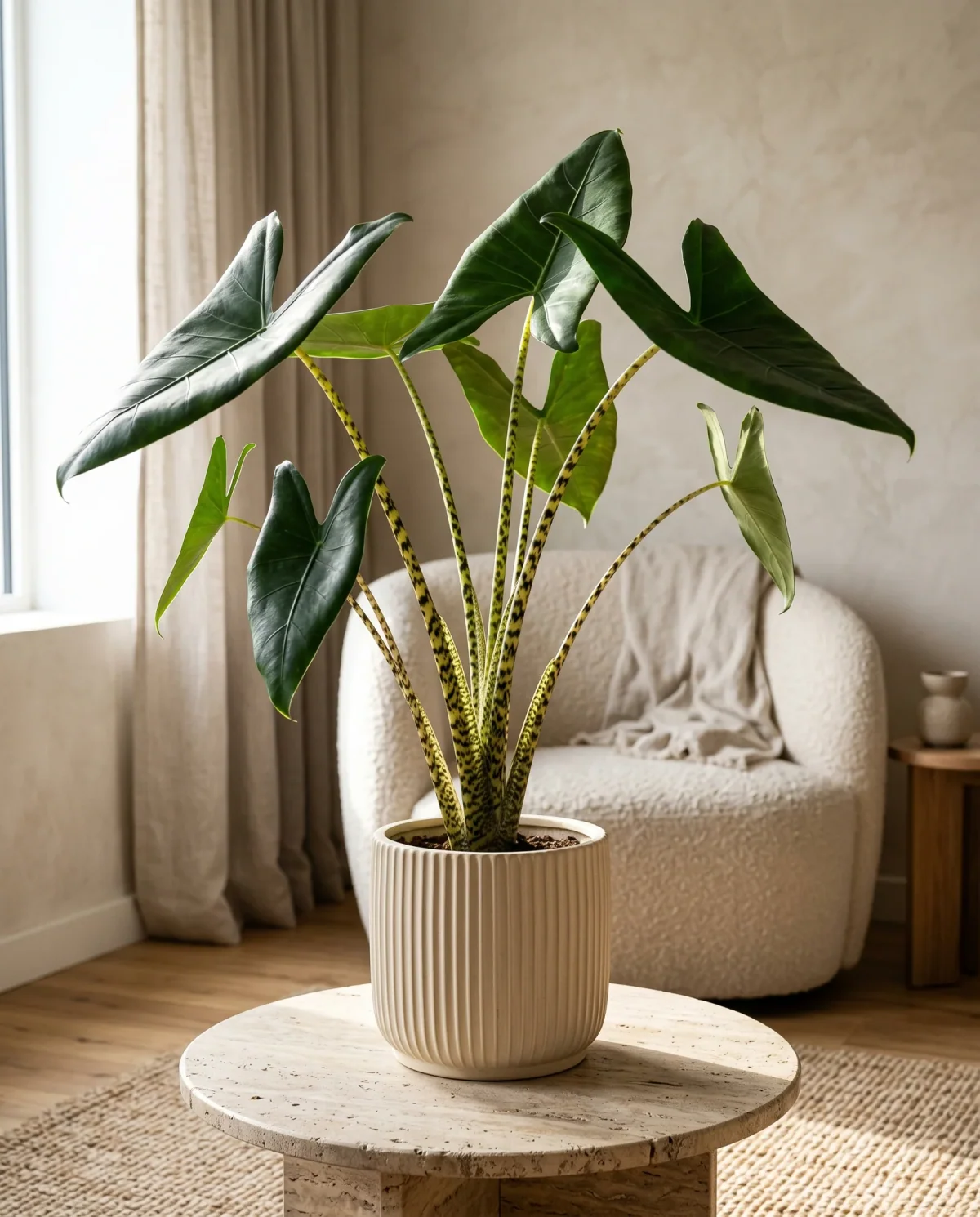 Alocasia Zebrina met zebra-gestreepte stelen en pijlvormige bladeren