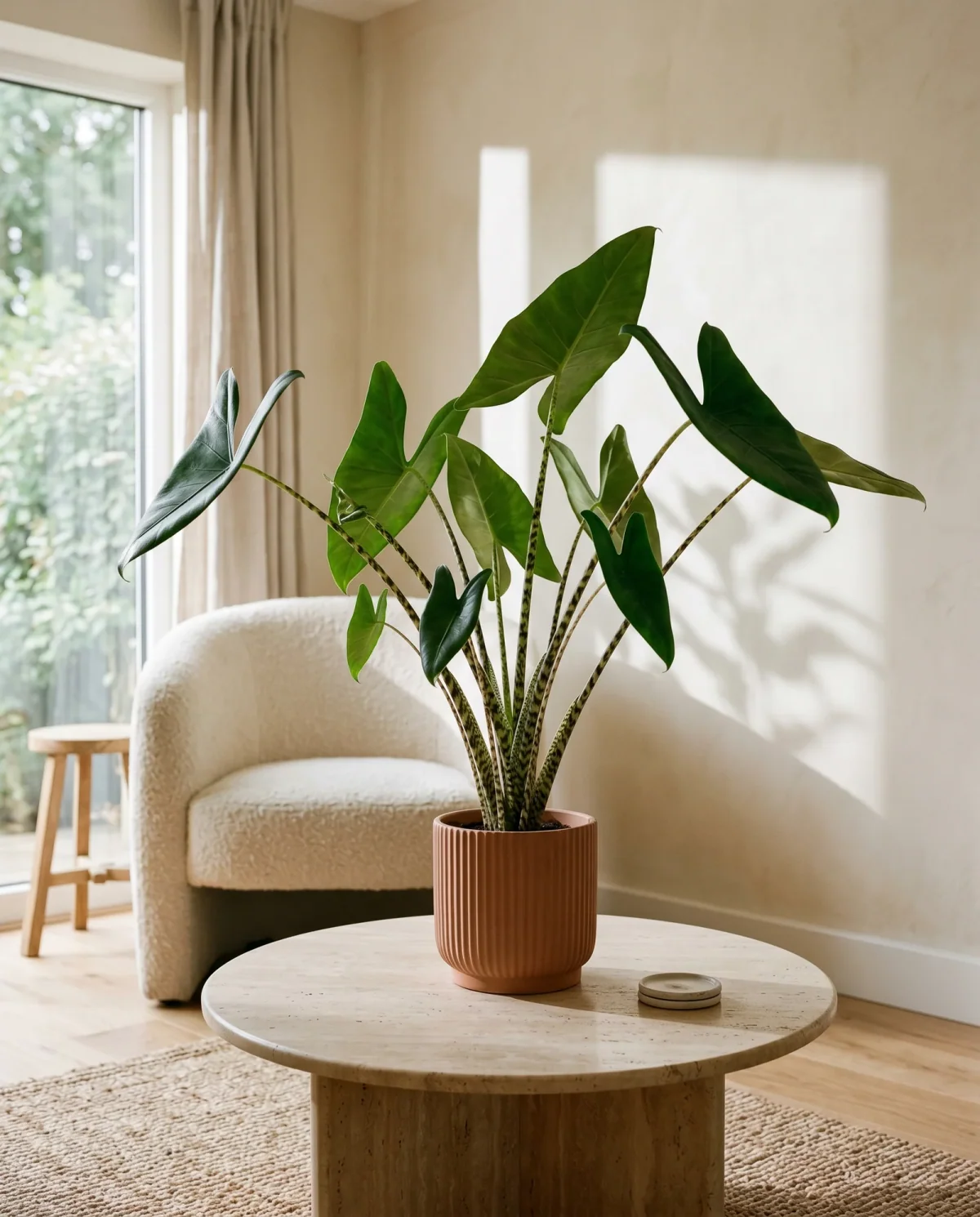 Alocasia zebrina met gestreepte stelen en pijlvormige bladeren