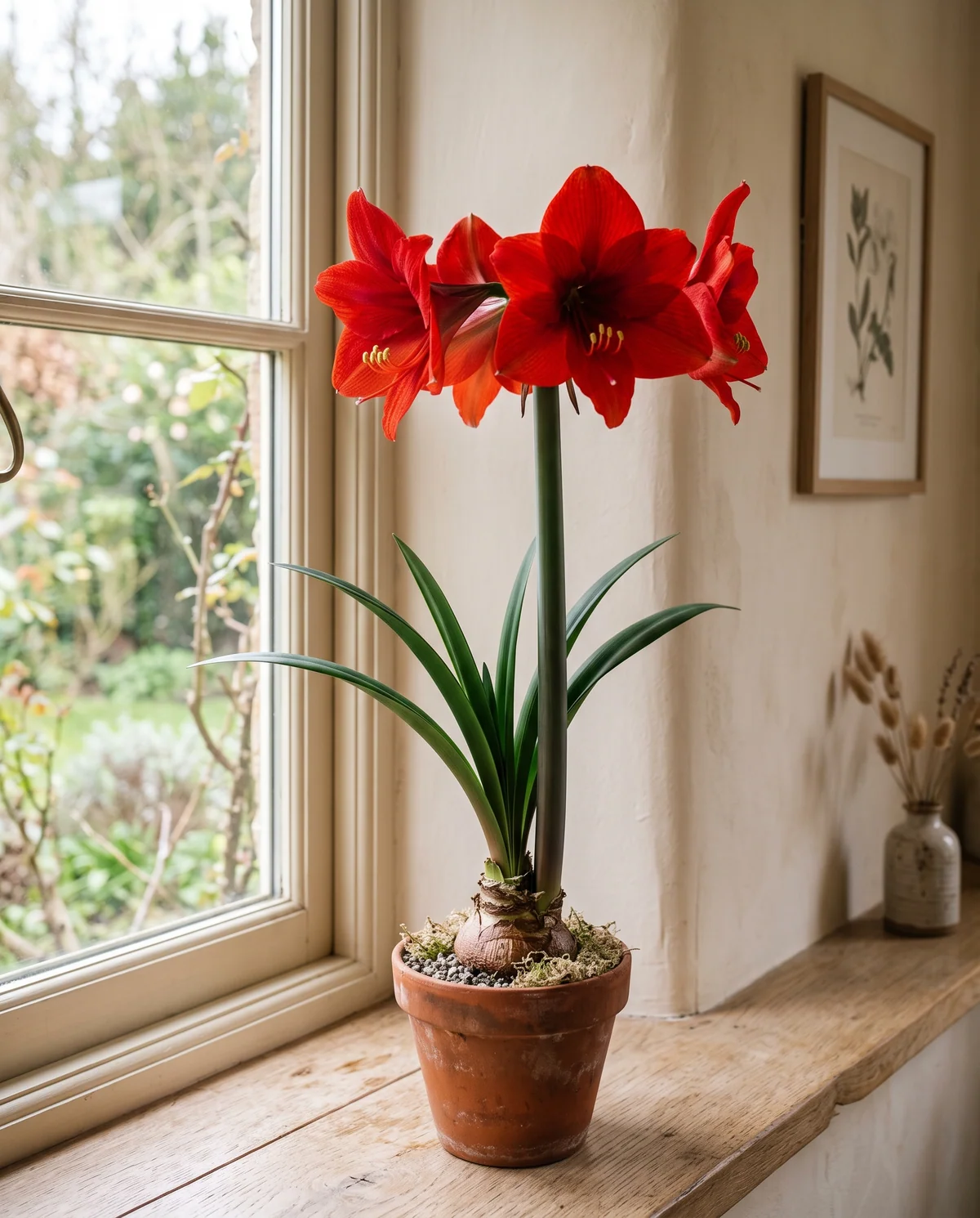 Amaryllis Hippeastrum met grote rode trompetbloemen op een stevige groene steel, in een terracotta pot op een lichte vensterbank