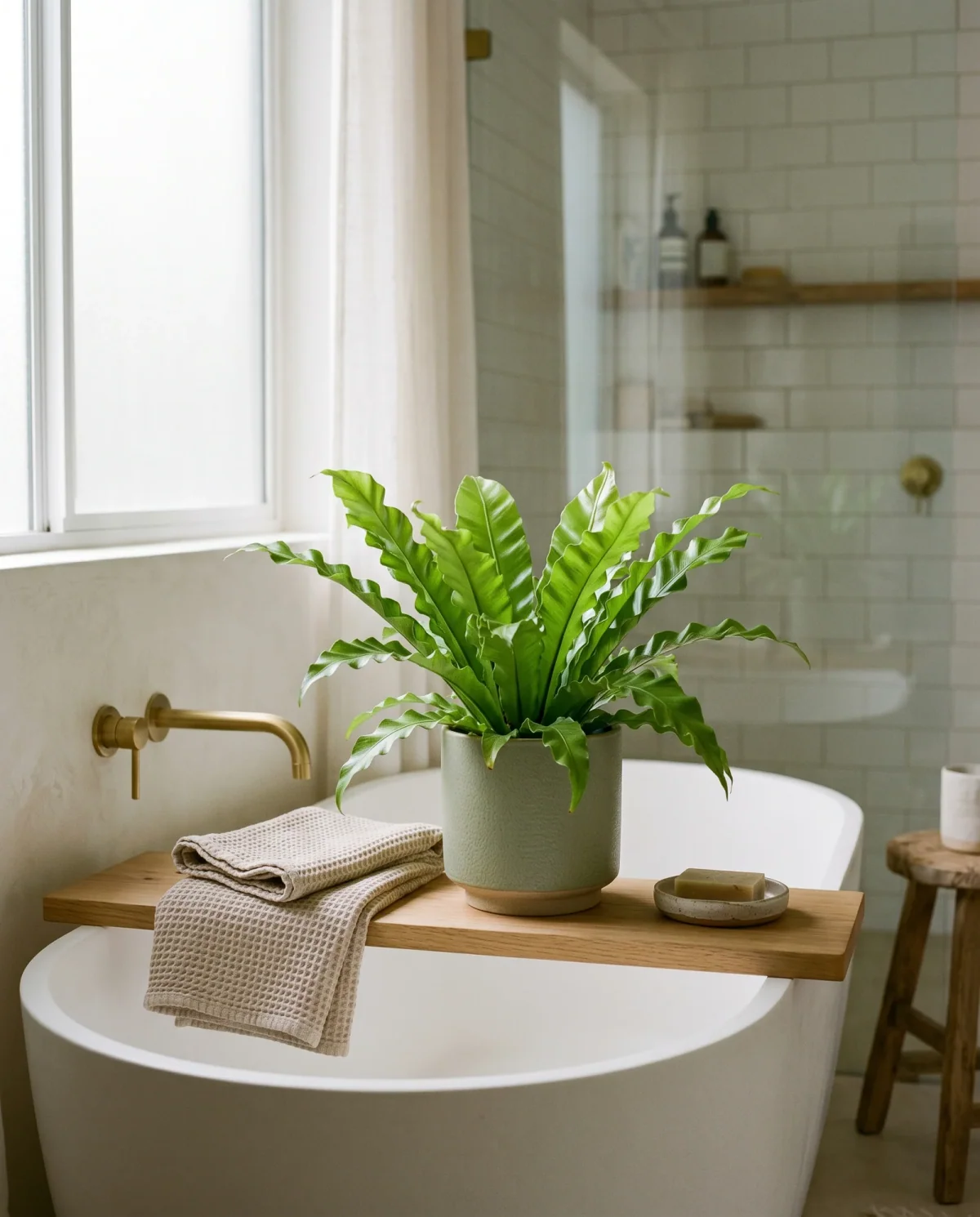 Asplenium nidus (nestvaren) met brede, golvende lichtgroene bladeren