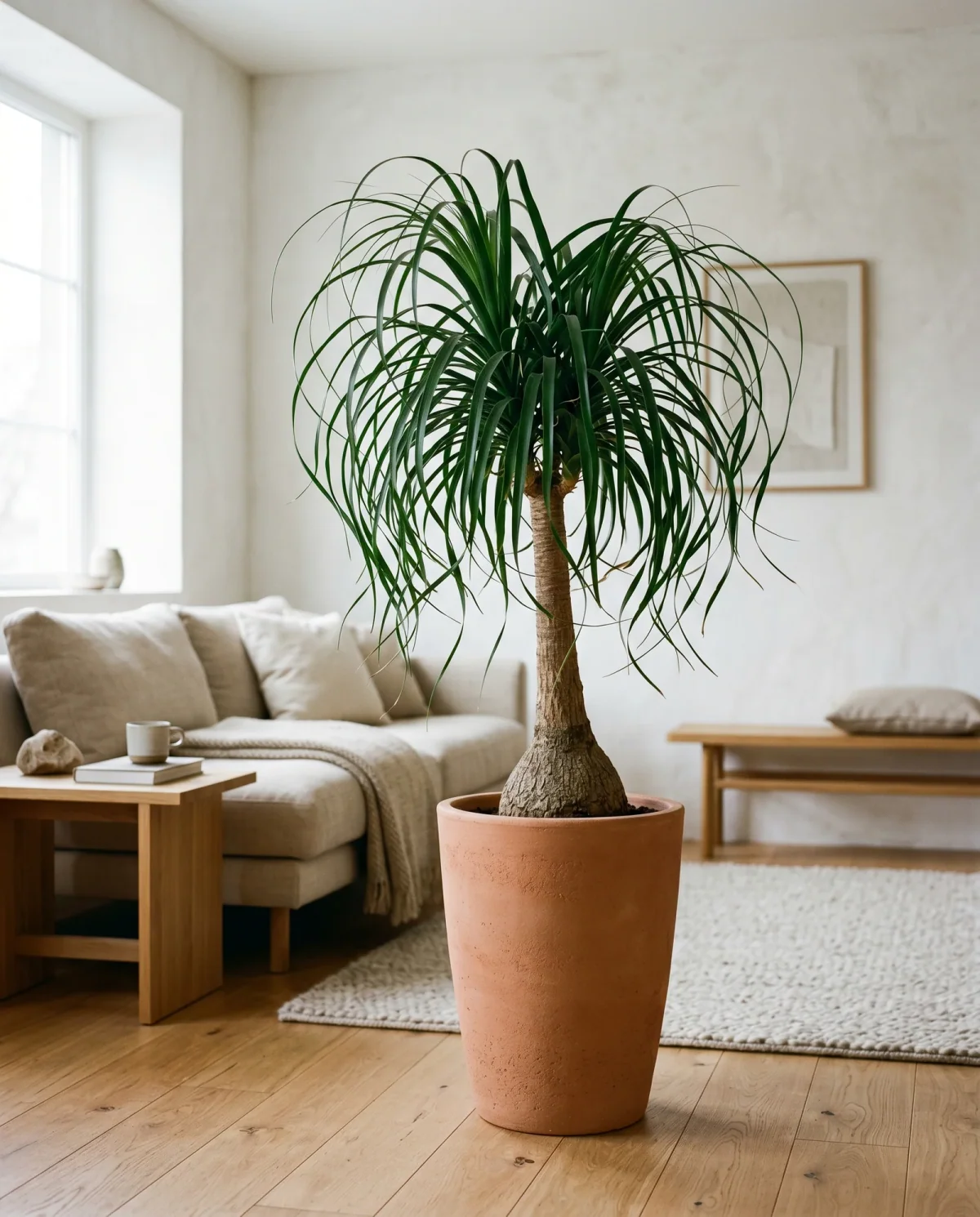 Beaucarnea recurvata (olifantspoot) met dikke stam en krullende bladeren