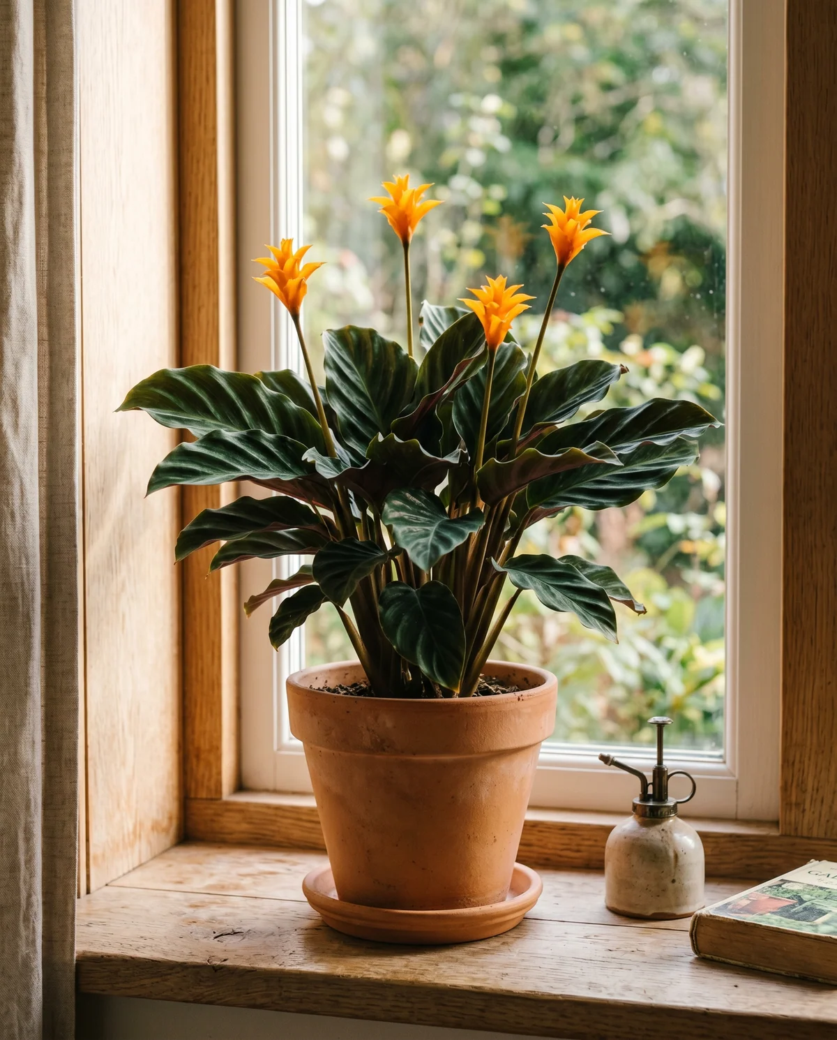 Calathea Crocata met oranje-gele bloemen boven donkergroen blad