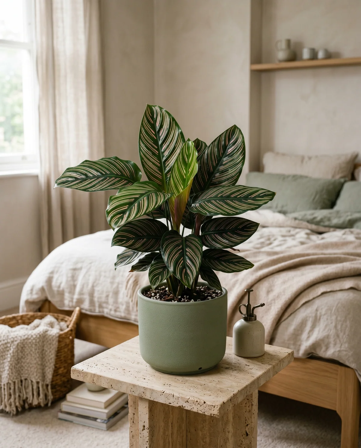 Calathea Ornata met donkergroene bladeren en fijne roze krijtstrepen