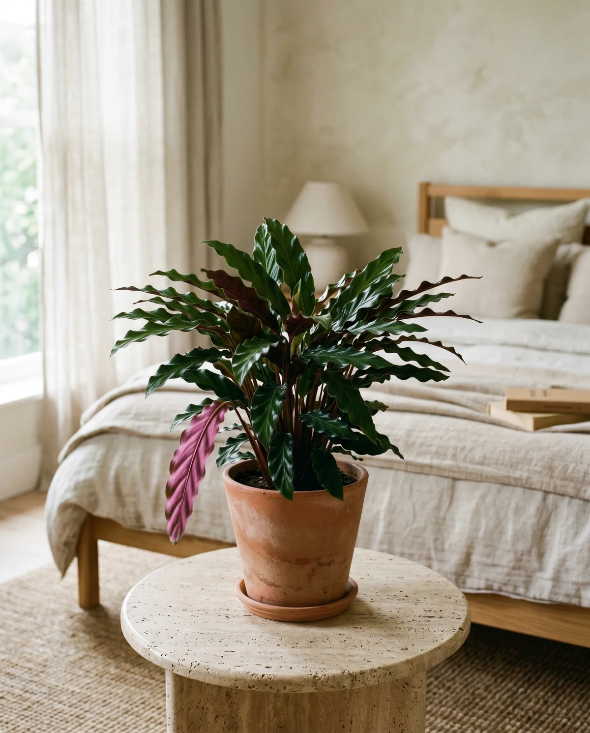 Calathea Wavestar met smalle golvende groene bladeren en roze-paarse onderkant