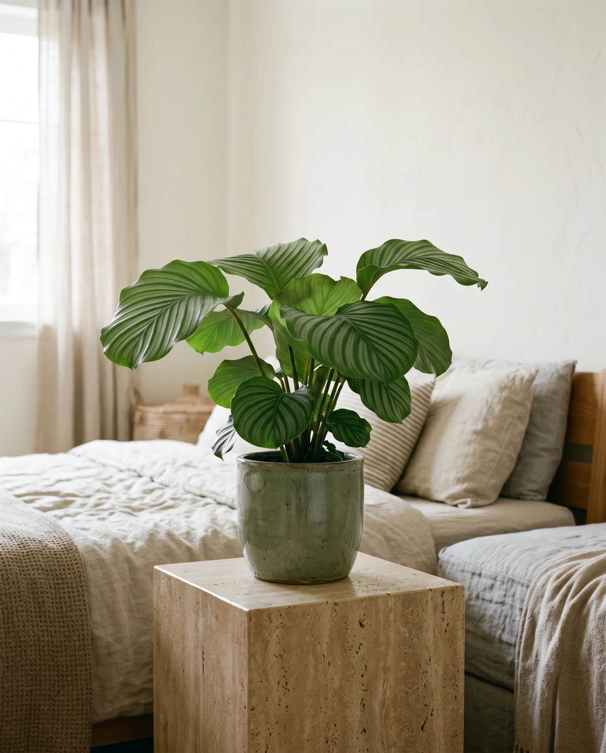 Calathea met prachtig getekende bladeren in groen en paars