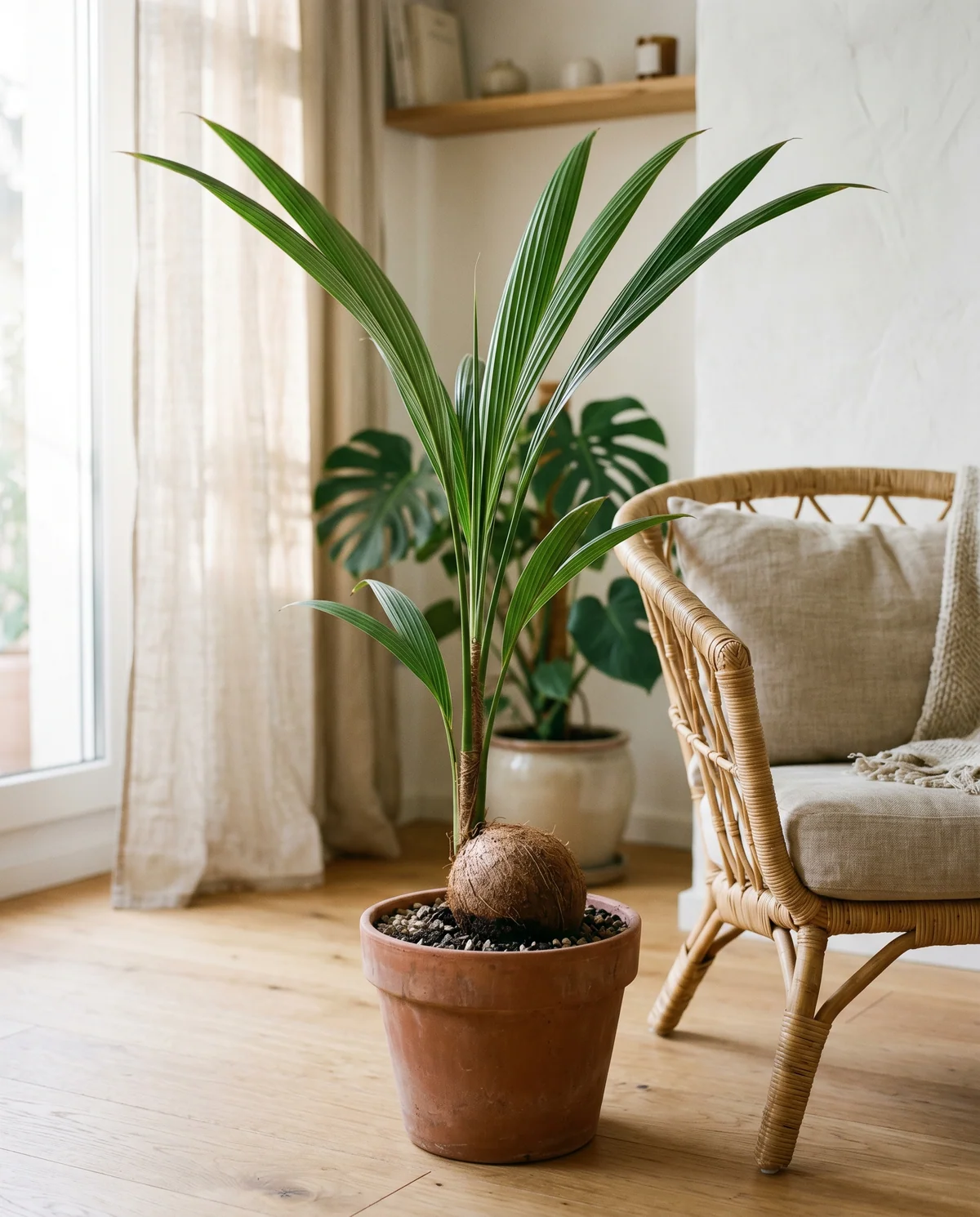 Cocos Nucifera met zichtbare kokosnoot aan de basis en palmbladeren erboven