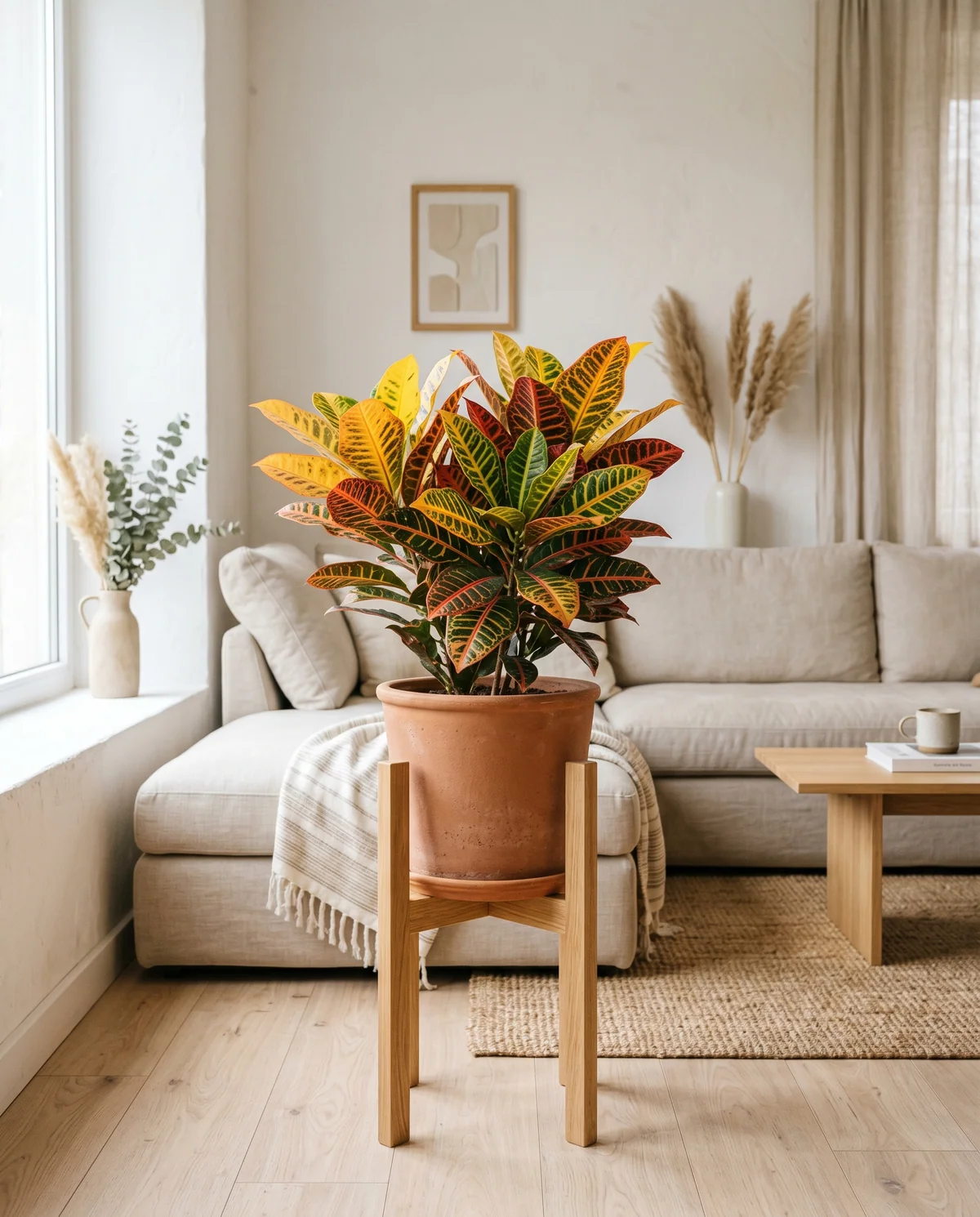Codiaeum variegatum (Croton) met felgekleurd blad in geel, oranje en rood