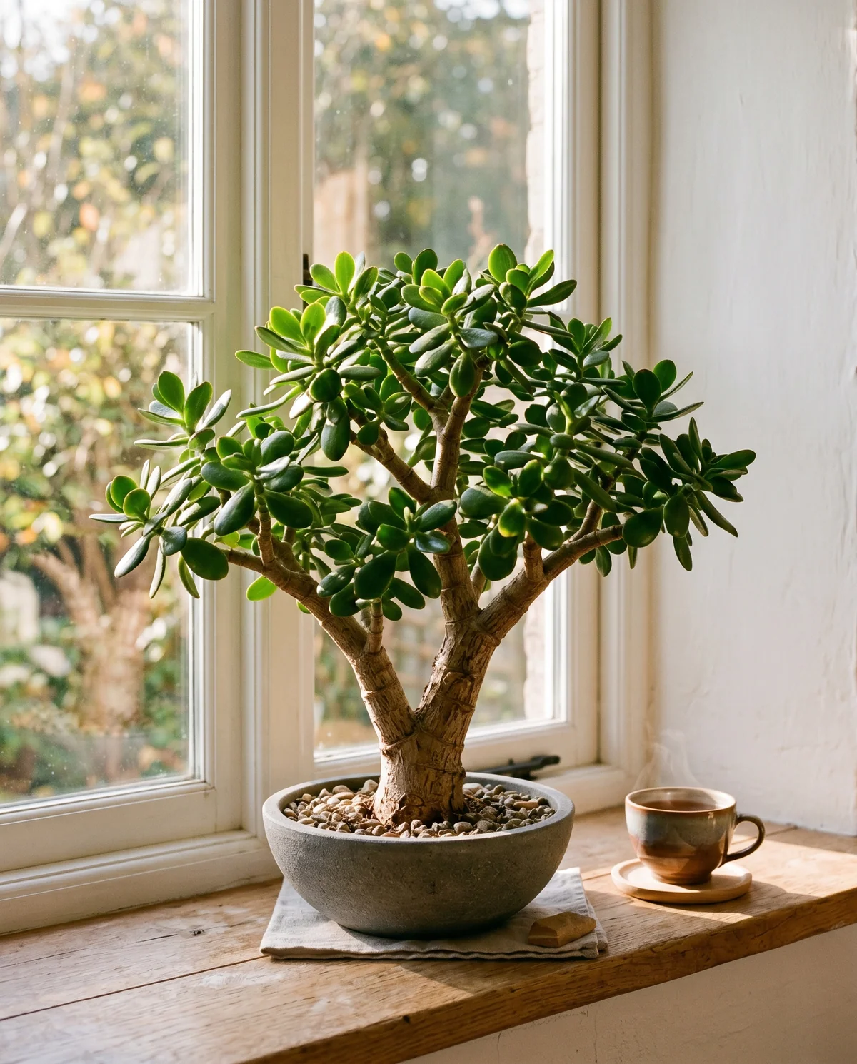 Crassula ovata (jadeplant) met dikke glanzende bladeren op boomachtige stam