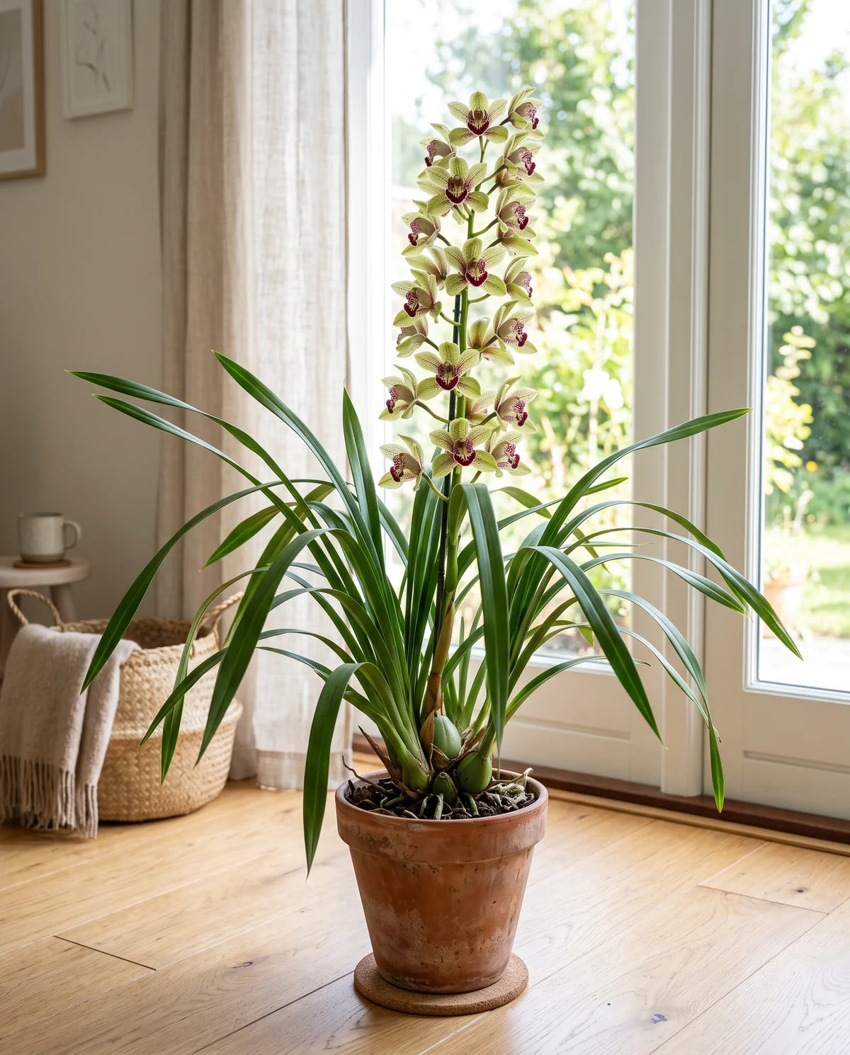 Cymbidium orchidee met lange smalle bladeren en een boog met meerdere bloemen
