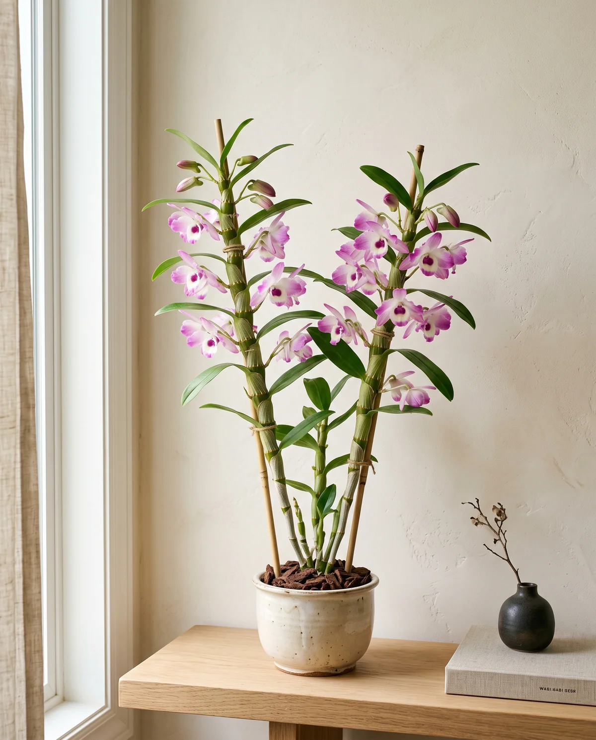 Dendrobium orchidee met rechtopstaande stengels en bloemen langs de lengte