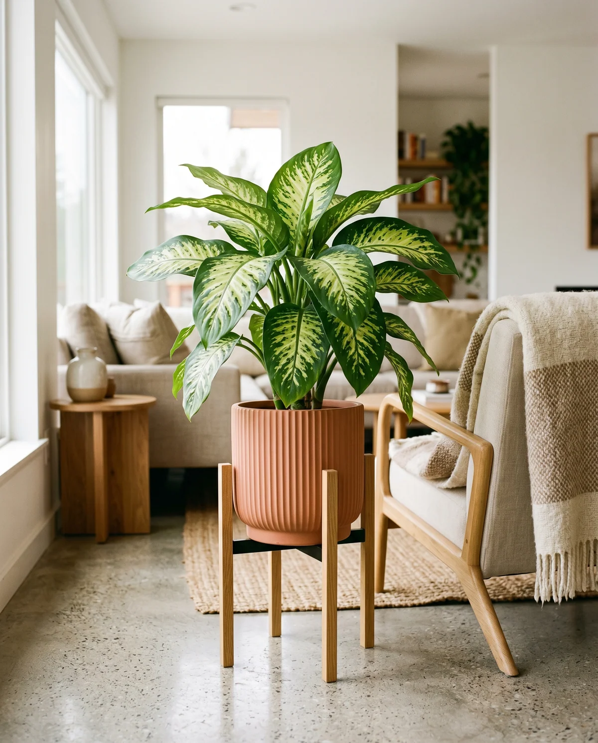 Dieffenbachia met grote getekende bladeren in groen, geel en crème