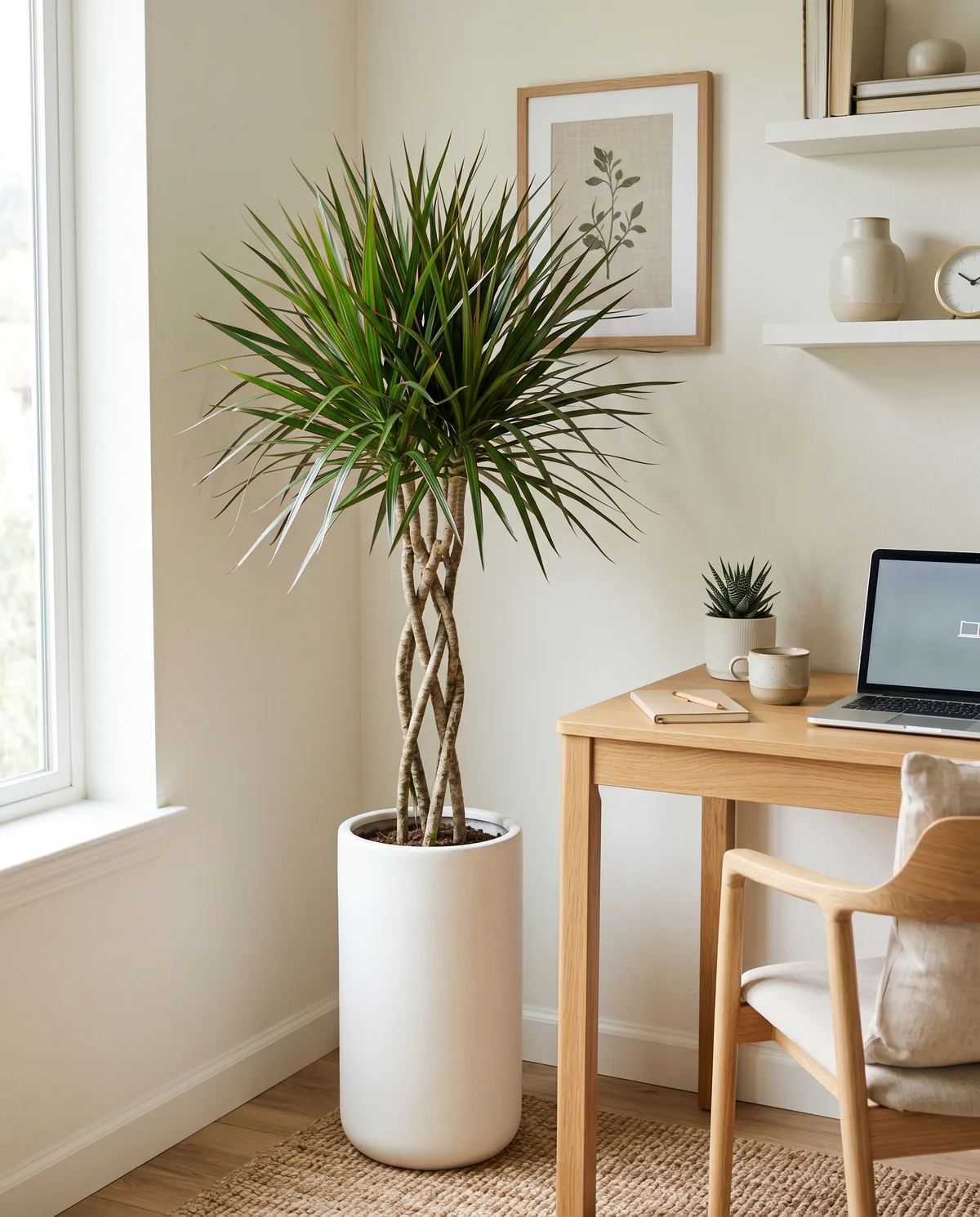 Dracaena Marginata (drakenbloedboom) met slanke stam en smalle bladeren met rode rand