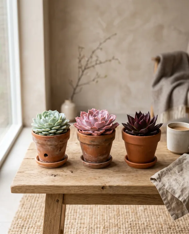 Echeveria collectie met verschillende kleuren rozetten in cremekleurige potten op een lichte tafel