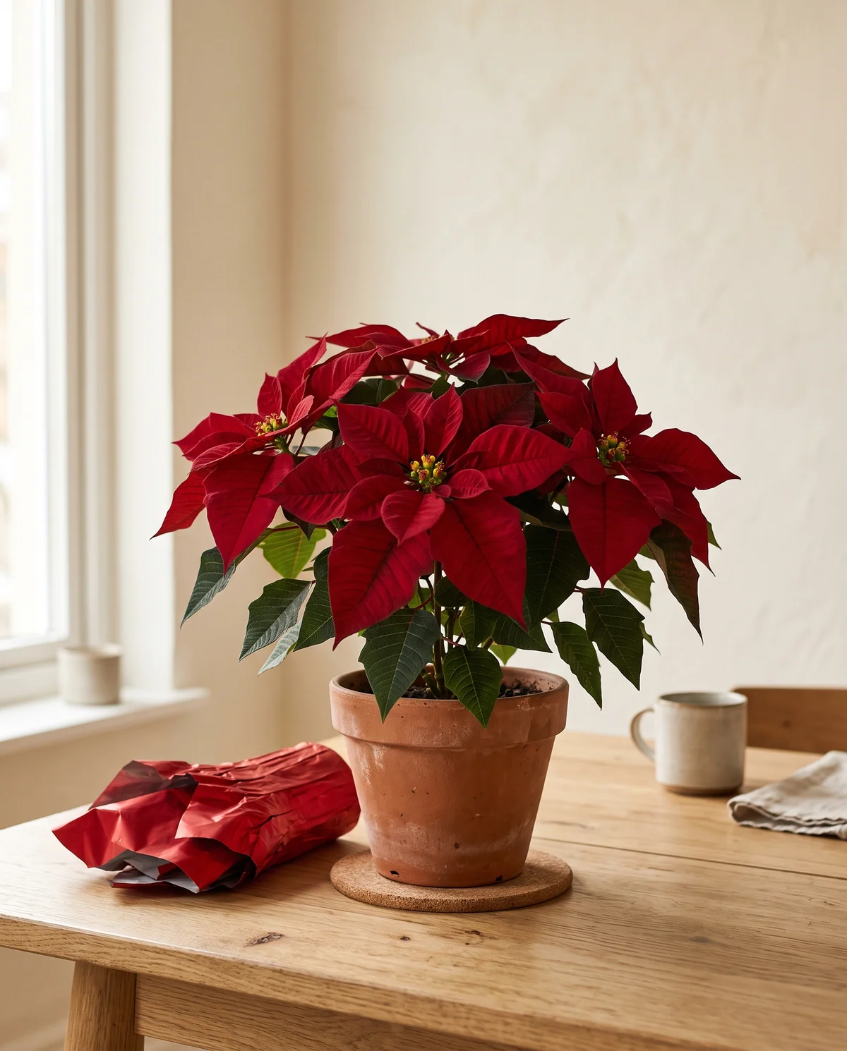 Kerstster met rode schutbladen en kleine geelgroene bloempjes in het hart, in een terracotta pot