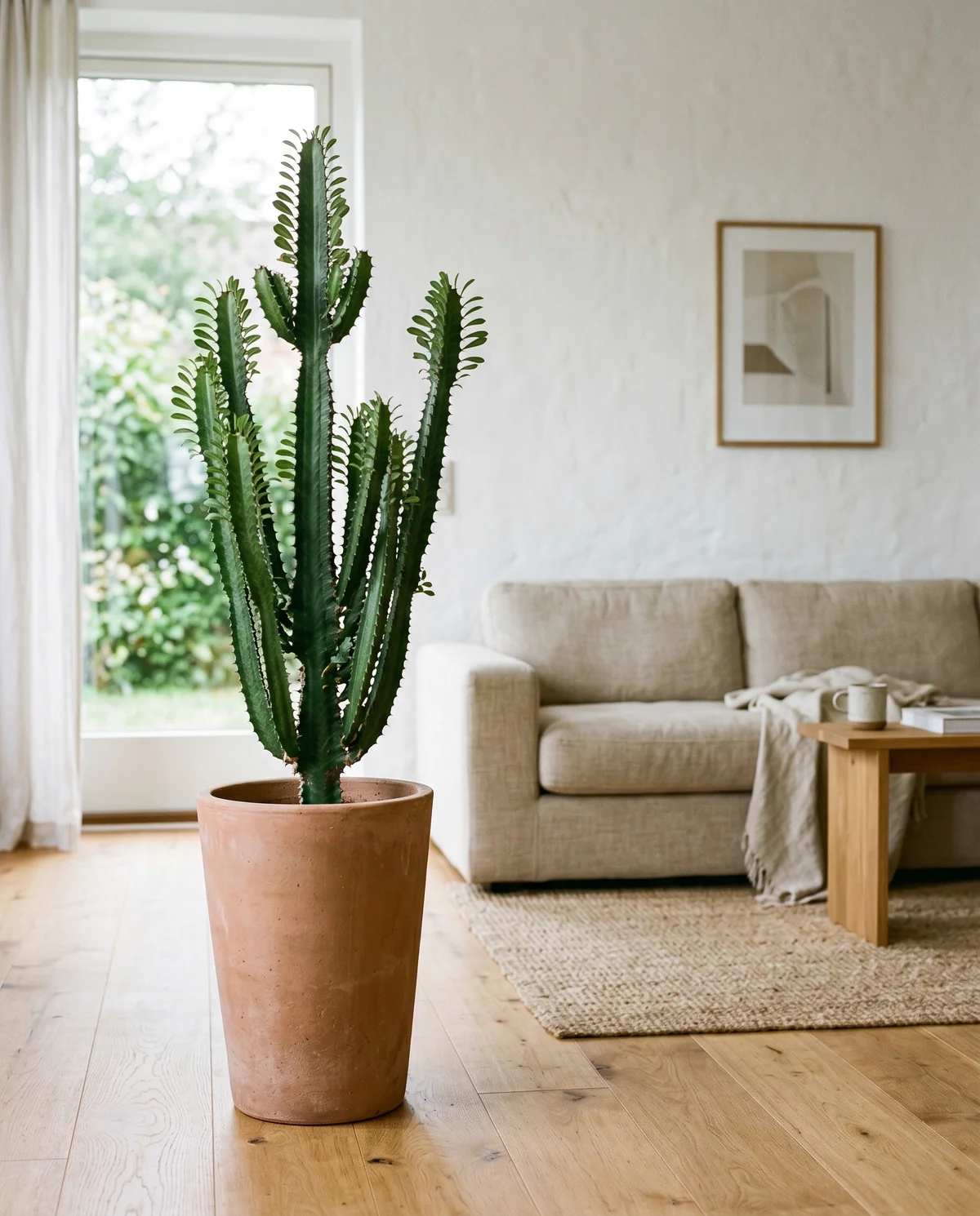 Euphorbia trigona met driehoekige stengels en kleine groene blaadjes