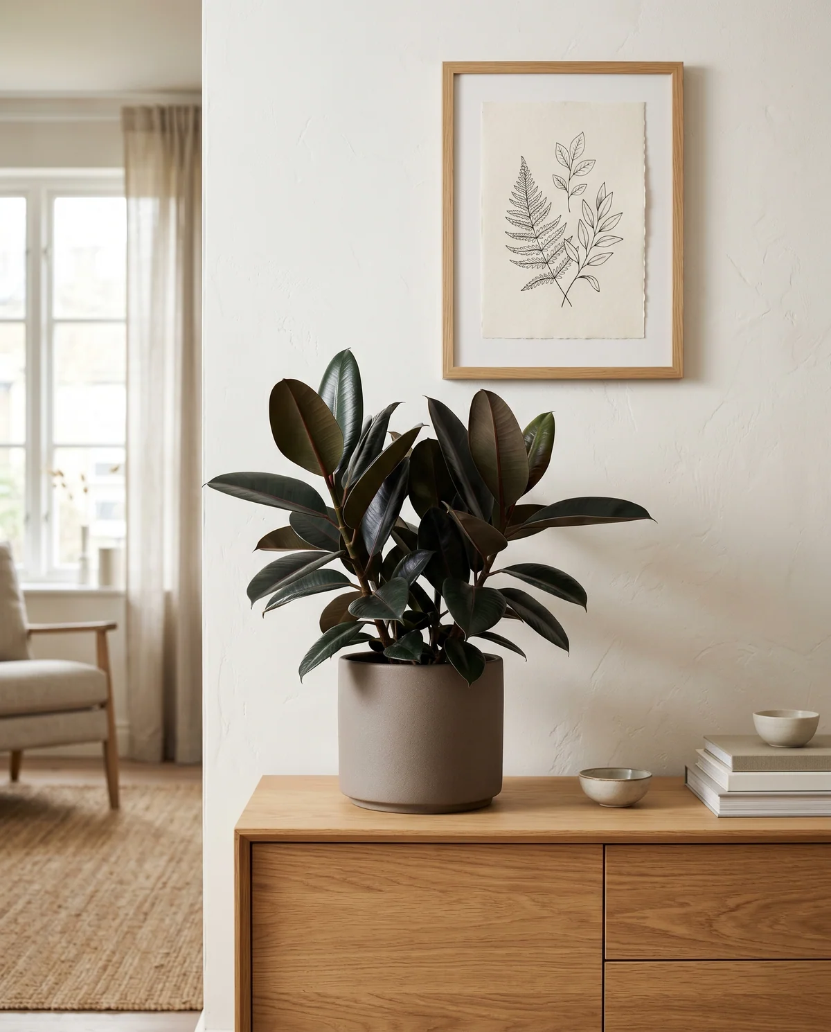 Ficus elastica (rubberplant) met glanzende donkergroene bladeren