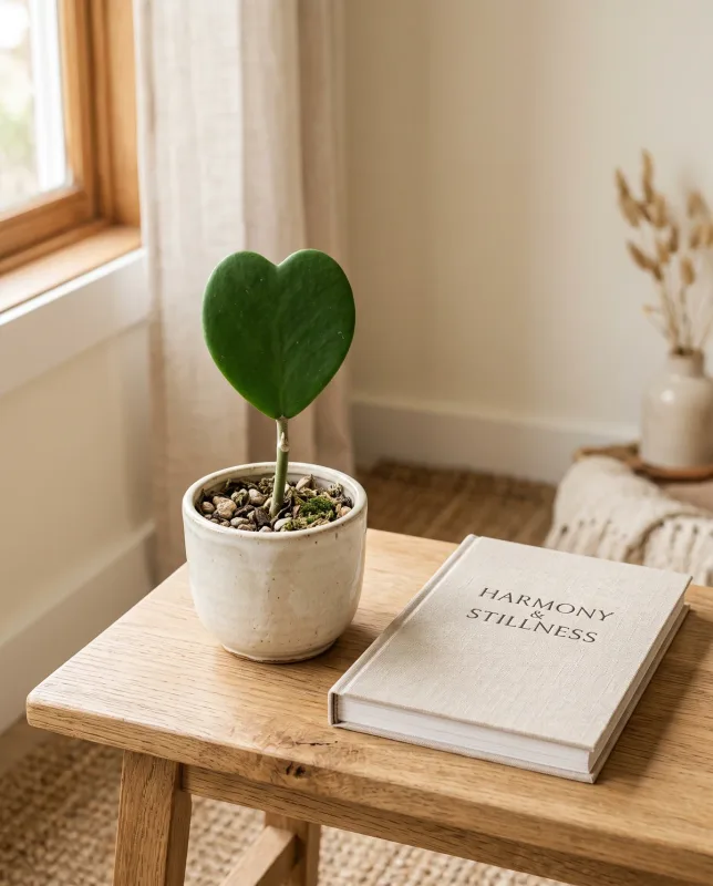 Hoya Kerrii hartjesplant met dik hartvormig groen blad rechtop in een kleine cremekleurige pot