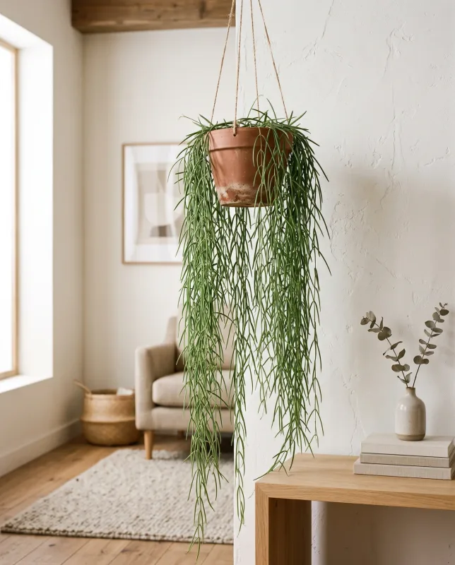 Hoya Linearis met dunne hangende ranken vol kleine slierten van smalle groene bladeren in een hangende terracotta pot