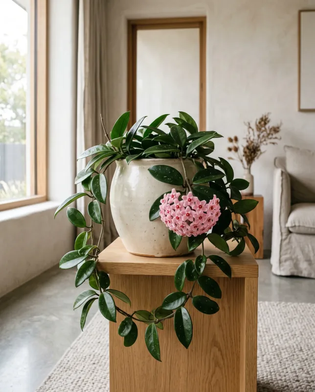 Hoya carnosa met dikke wasachtige bladeren en een bloemtros van witroze sterrenvormige bloemen in een terracotta pot