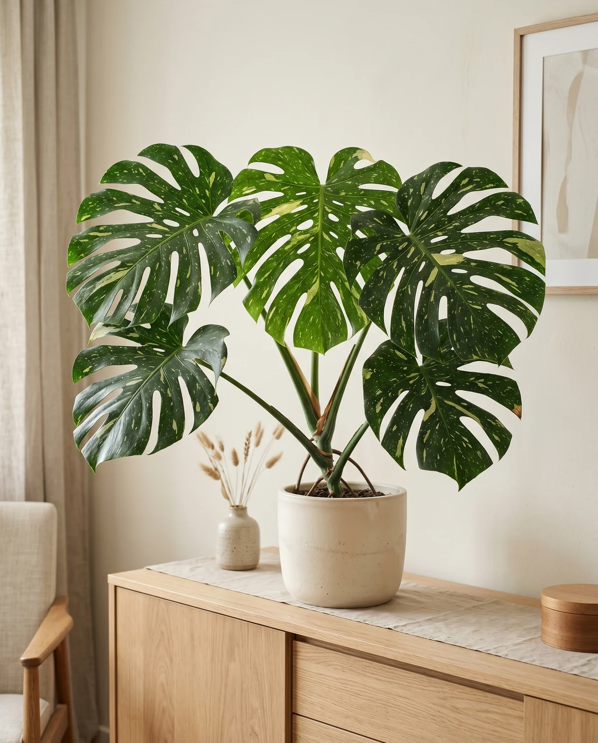 Monstera Thai Constellation met donkergroene bladeren en crèmewitte variegatie-spikkels