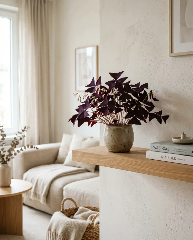 Oxalis triangularis met diep paarse driehoekige blaadjes en kleine witte bloemetjes