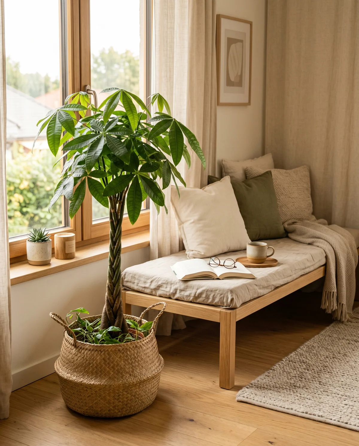 Pachira aquatica (geldboom) met gevlochten stam en handvormige bladeren