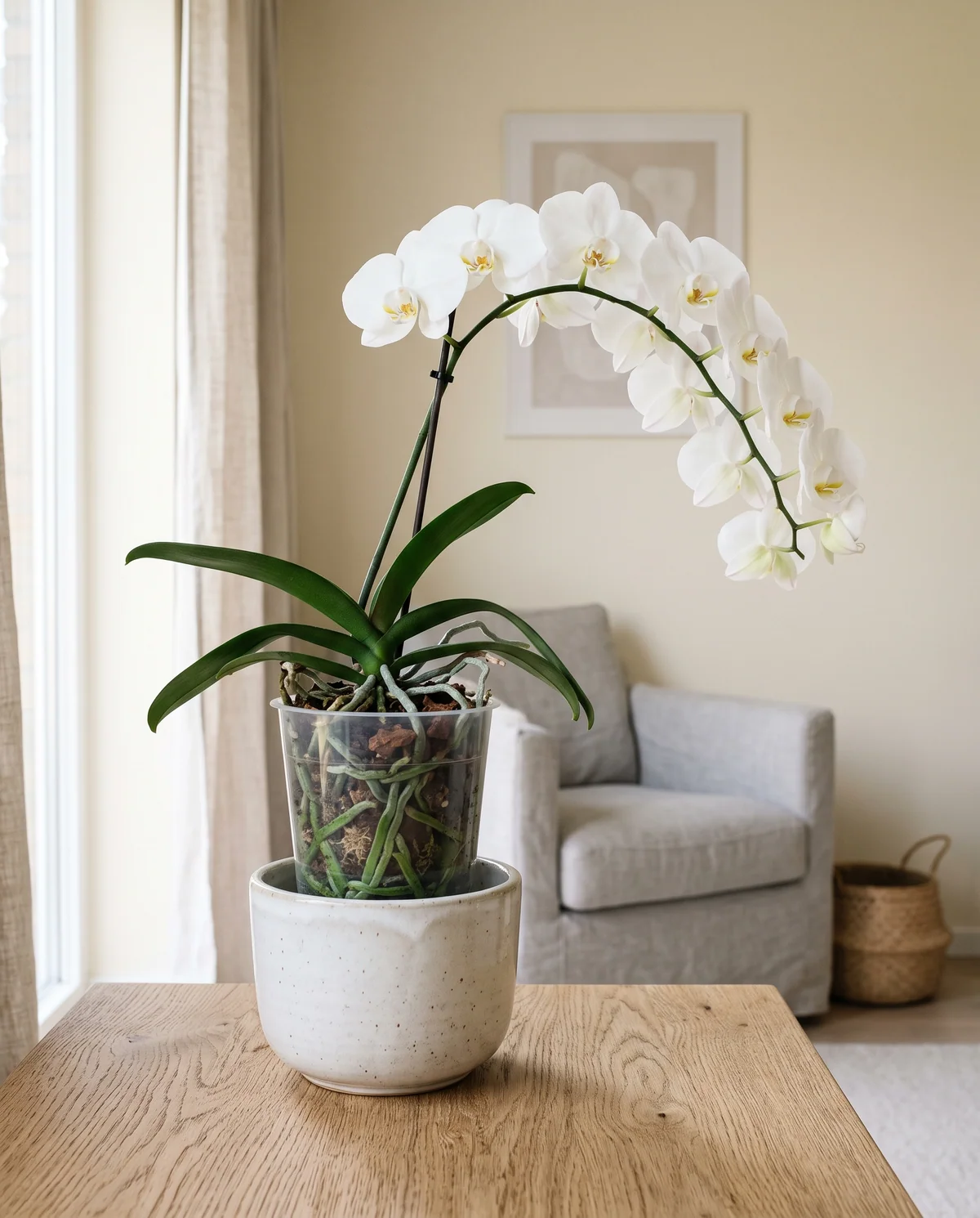 Witte Phalaenopsis orchidee in een doorzichtige pot met zichtbare groene wortels