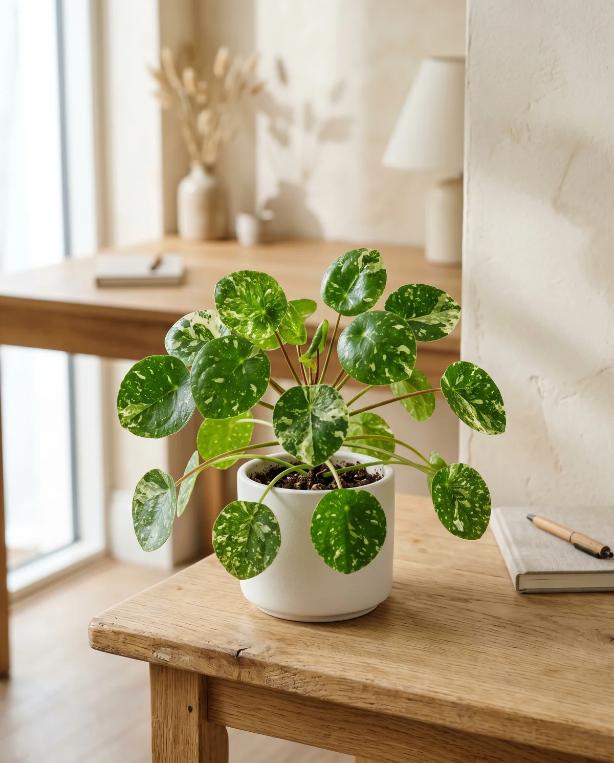 Pilea Peperomioides Mojito met ronde groene bladeren en crèmewitte spikkels