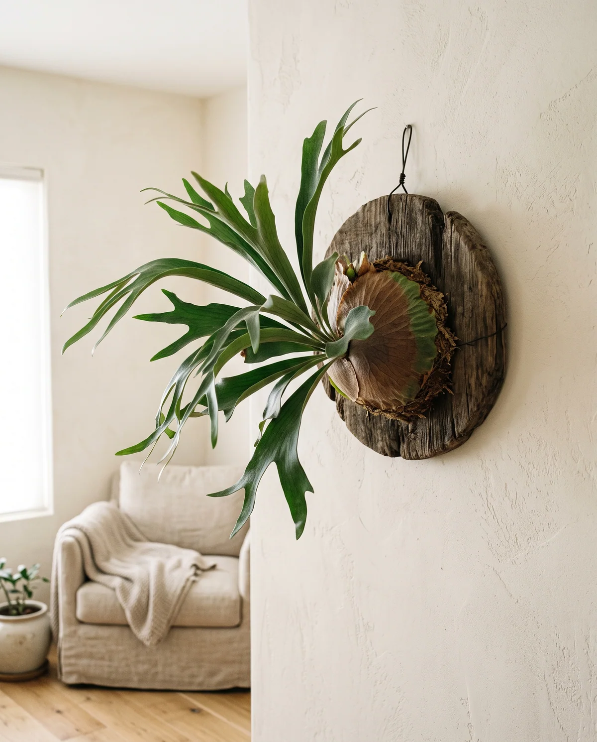 Hertshoornvaren op een houten plank aan de muur met gevorkte geweibladen en bruine schildbladen