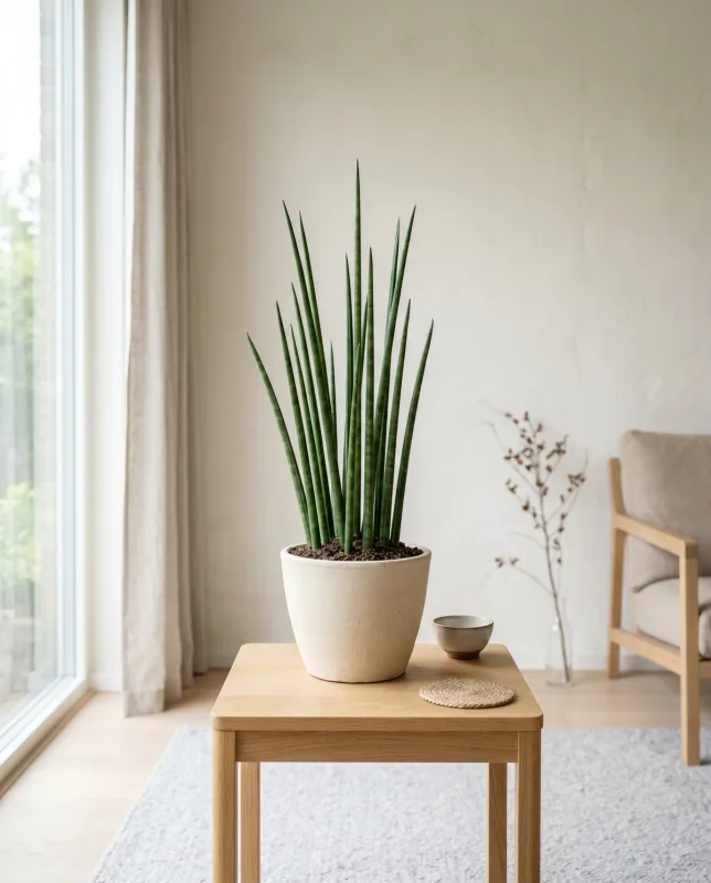 Sansevieria Bacularis met smalle losse ronde groene staafjes rechtop in een cremekleurige pot