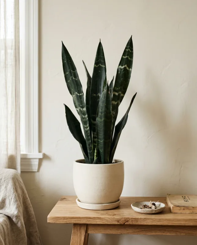 Sansevieria Black Coral met diepdonkere bijna zwarte zwaardvormige bladeren met subtiele crèmewitte horizontale strepen