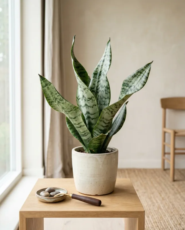 Sansevieria Dancing Queen met spiraal-vormig gedraaide grijsgroene bladeren rechtop in een cremekleurige pot