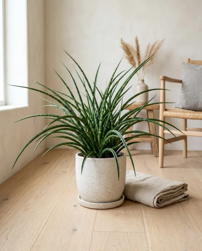 Sansevieria Fernwood met smalle donkergroene bladeren die als een fontein uit een centrale rozet naar buiten waaieren