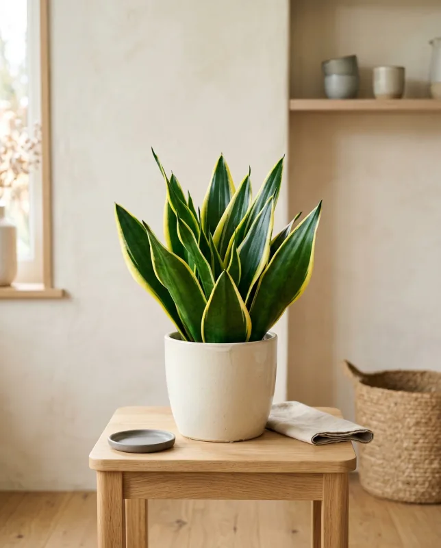 Sansevieria Futura Superba met compacte brede zwaardvormige bladeren in groen met intens gele randen