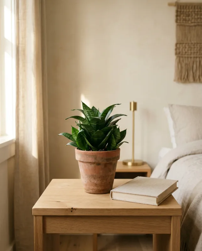 Sansevieria Hahnii als compacte rozet van donkergroene bladeren in een kleine terracotta pot op een lichte vensterbank