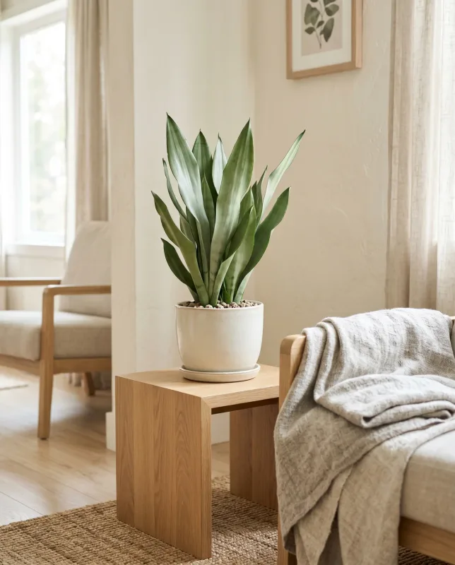 Sansevieria Moonshine met egaal zilvergroene zwaardvormige bladeren in een cremekleurige pot