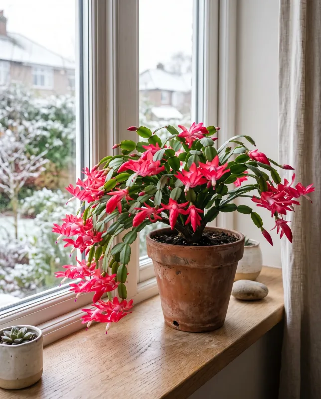 Schlumbergera Bridgesii kerstcactus met fel-roze buisvormige bloemen aan ronde segmenten in een terracotta pot